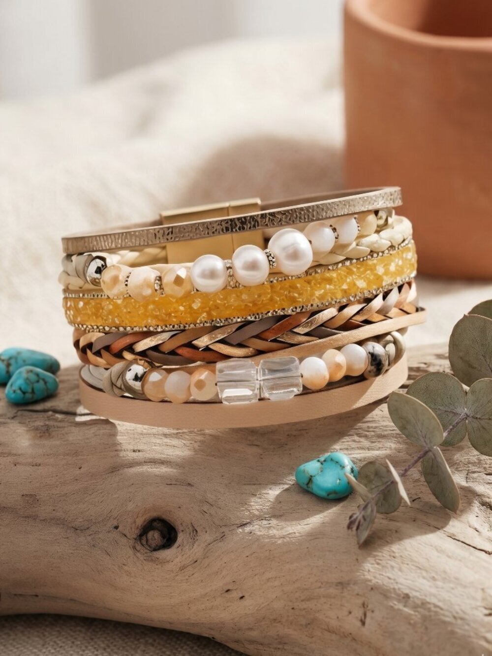 Layered Vegan Leather Bracelet Boho Chic Faux Pearl Magnetic Stack Beige 7.5in